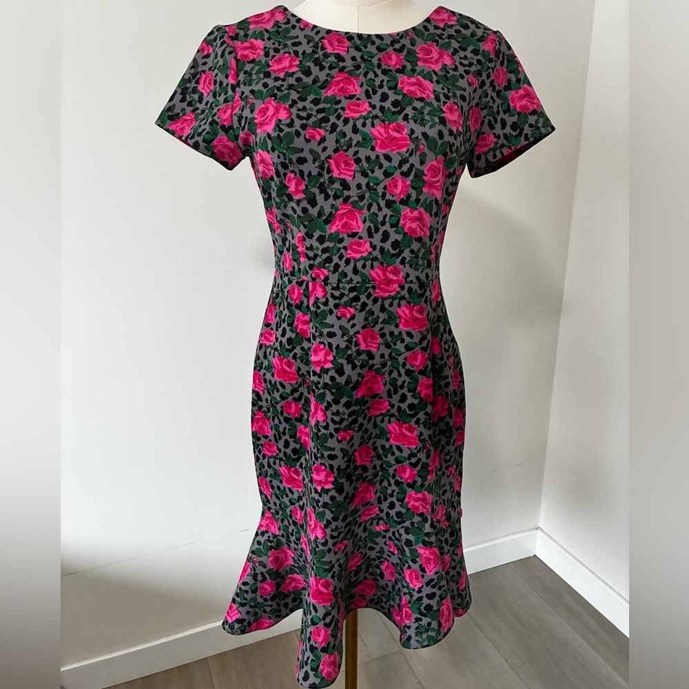 Betsey Johnson Pink Rose Grey Cheetah Print Midi Dress size 4